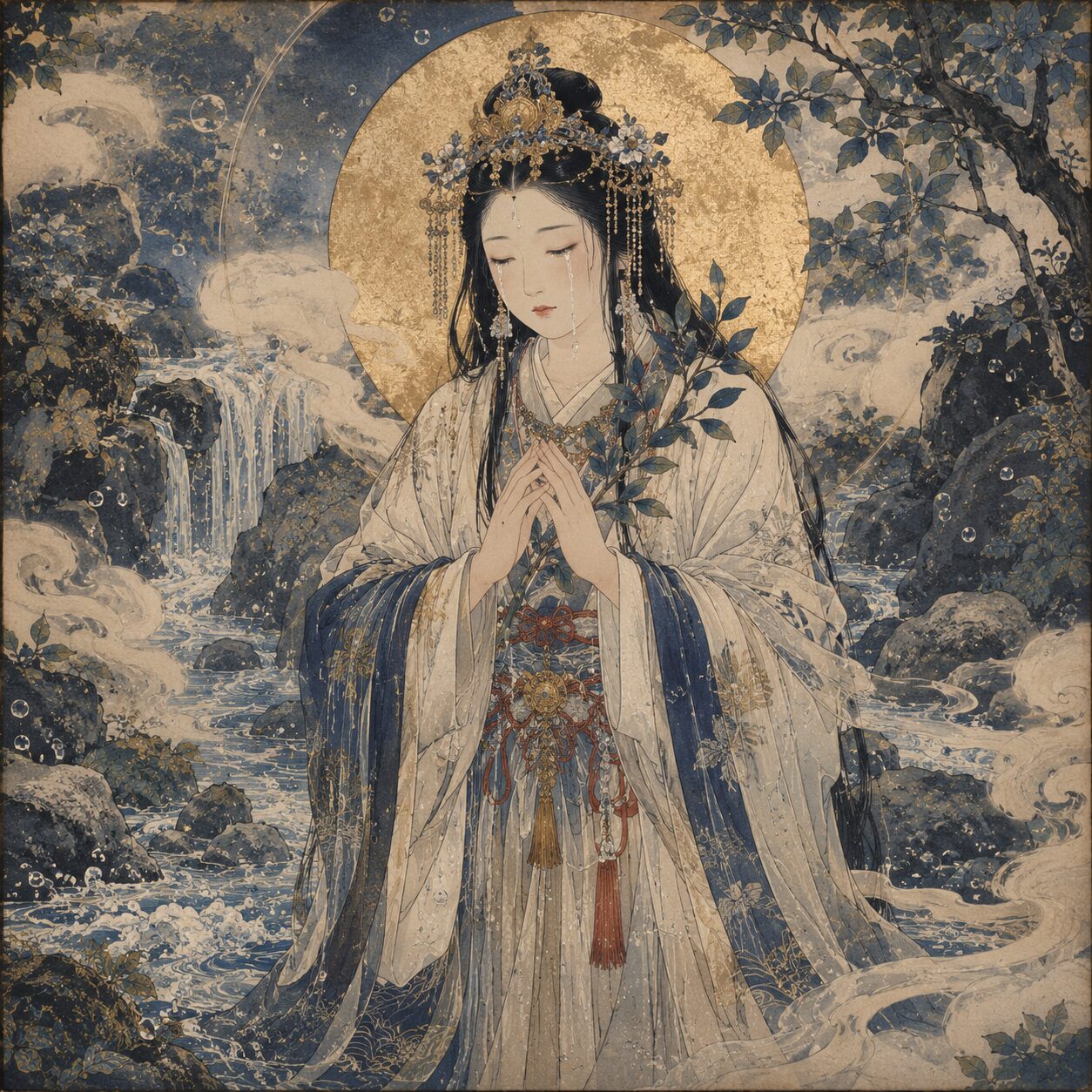 金色の光輪を背にした泣沢女神が、滝と清流に囲まれた岩場で涙を流しながら静かに手を合わせている。周囲には水滴、霧、榊の枝が描かれ、悲しみを鎮め浄化へ導く水の神威を象徴する浮世絵風の神格化象徴画。