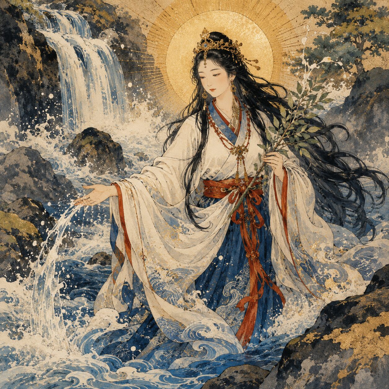 金色の光輪を背にした瀬織津姫命が、滝と清流の中で榊を手にし、片手から水を流している。白と藍の装束、岩場、波しぶきが描かれ、穢れを祓い清らかな再生へ導く水の神威を象徴する浮世絵風の神格化象徴画。
