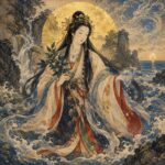金色の光輪を背にした與止日女命が、滝と波に囲まれながら榊と水の珠を手にして立つ。背景には岩山、海、龍神の気配が描かれ、川と海を結ぶ水神の清らかな守護を象徴する浮世絵風の神格化象徴画。