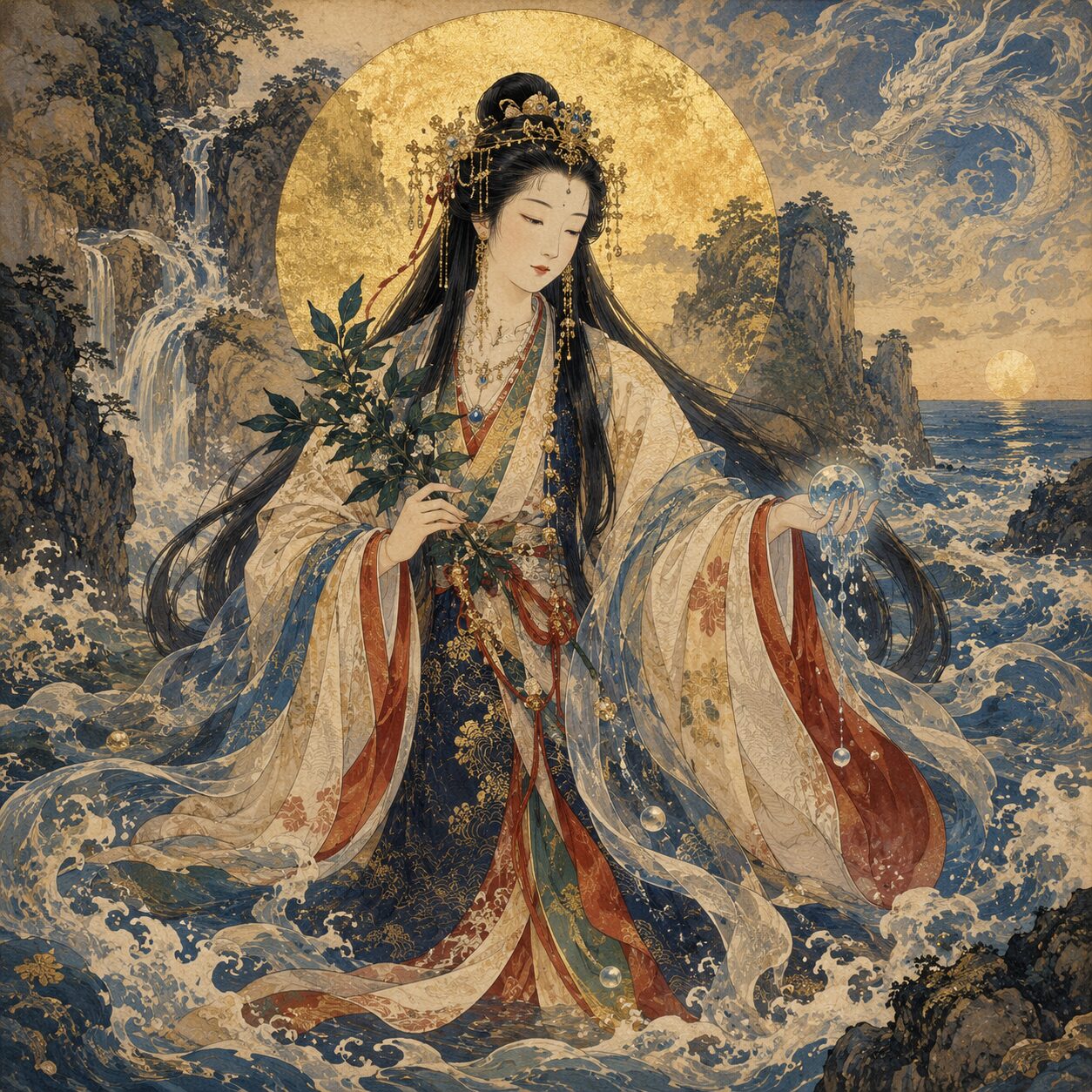 金色の光輪を背にした與止日女命が、滝と波に囲まれながら榊と水の珠を手にして立つ。背景には岩山、海、龍神の気配が描かれ、川と海を結ぶ水神の清らかな守護を象徴する浮世絵風の神格化象徴画。