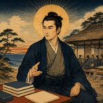 金色の光輪を背にした吉田松陰先生が、書物の置かれた机の前で片手を差し伸べて座っている。背景には海辺の松、松下村塾を思わせる学舎と学ぶ若者たちが描かれ、学問と志で時代を導く精神を象徴する浮世絵風の神格化象徴画。